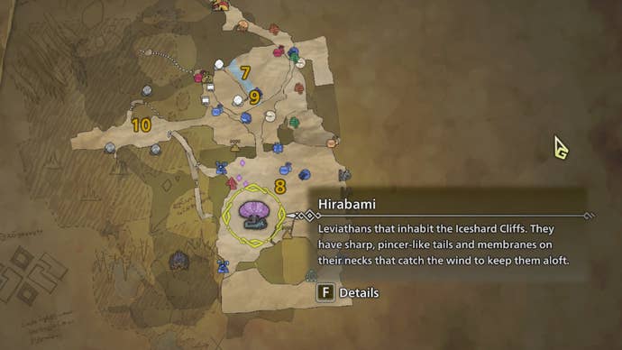 A map showing the location of the Hirabami in Monster Hunter Wilds.