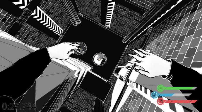 A monochrome, first-person view of an urban alleyway from above in Hirilun