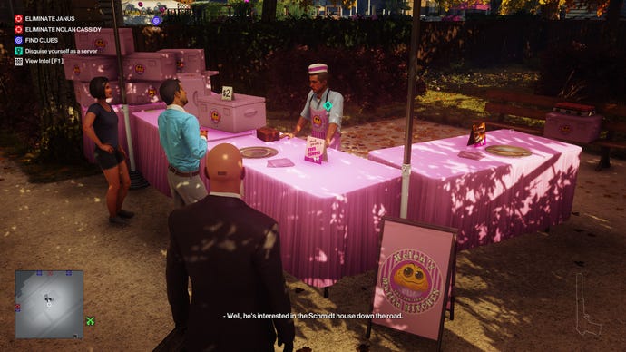 Ian Hitman stands looking at a muffin stall in the Whittleton Creek level. He is probably going to poison a muffin.