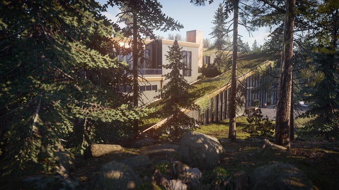 Ian Hitman’s safe house seen through the trees in a Hitman 3: Year 2 screenshot.