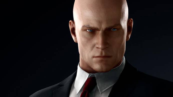 Hitman’s Agent 47, up close and personal, staring into the camera. The background is blank and he’s in suit and tie. Isn’t he always?