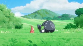 A close-up screenshot of a red fairy standing in front of a cute rhinoceros beetle in a grassy field in Hoa
