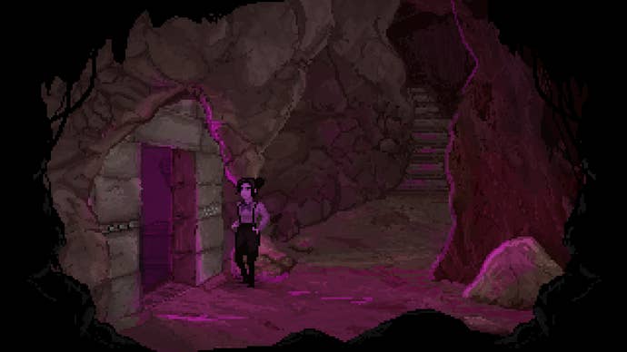 A woman enters an open doorway inside a cave with purple light pouring out in The Excavation Of Hob’s Barrow.