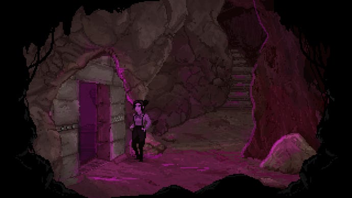 A woman enters an open doorway inside a cave with purple light pouring out in The Excavation Of Hob’s Barrow.