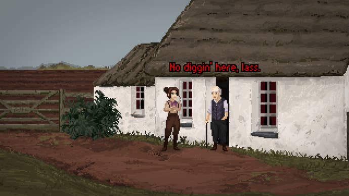 A woman converses with an old man outside a cottage in The Excavation Of Hob’s Barrow.