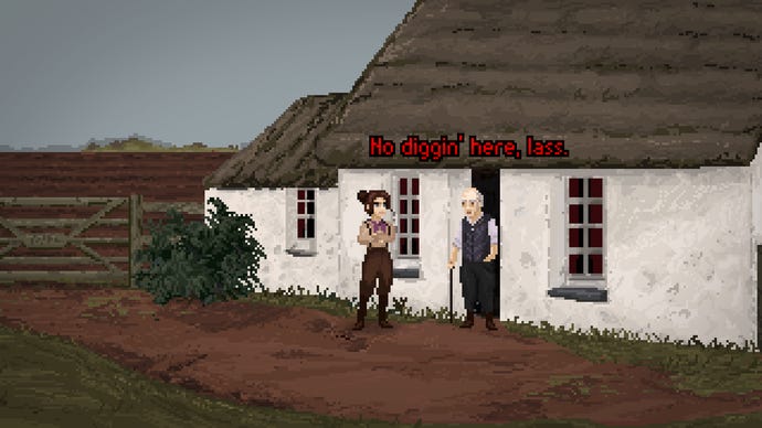 A woman converses with an old man outside a cottage in The Excavation Of Hob’s Barrow.