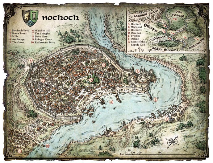A map of a fantasy town situated on a river bend. It's a medieval-like town, inside a castle's walls