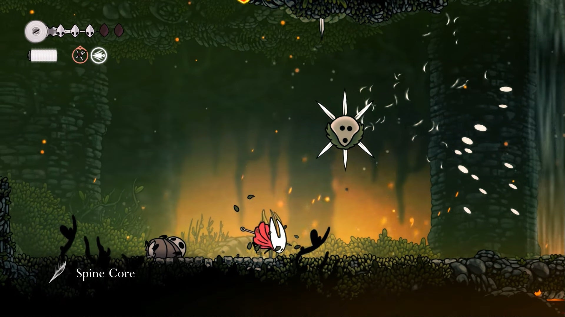 Hornet runs under a Hoker who's about to shoot spikes in Hollow Knight: Silksong. - 4