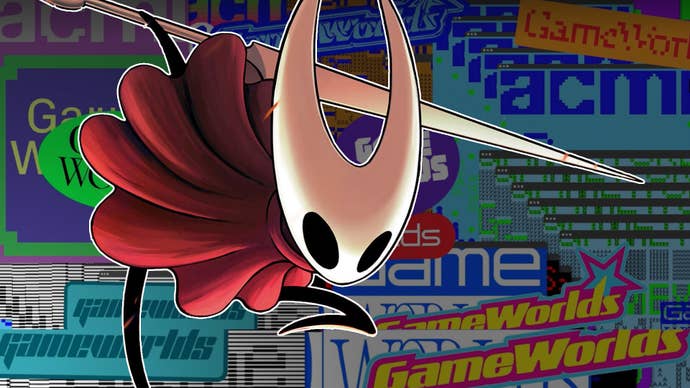 Hollow Knight: Silksong protagonist Hornet superimposed over branding for the Australian national museum of screen culture’s Game Worlds exhibition.