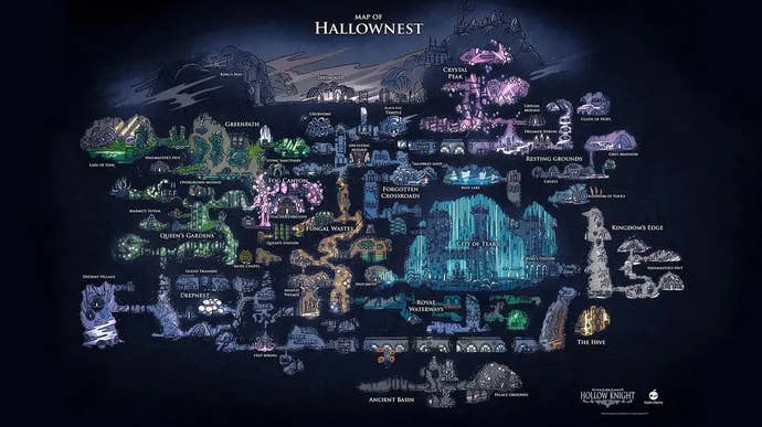 Image of the hollow knight hallownest map with labels
