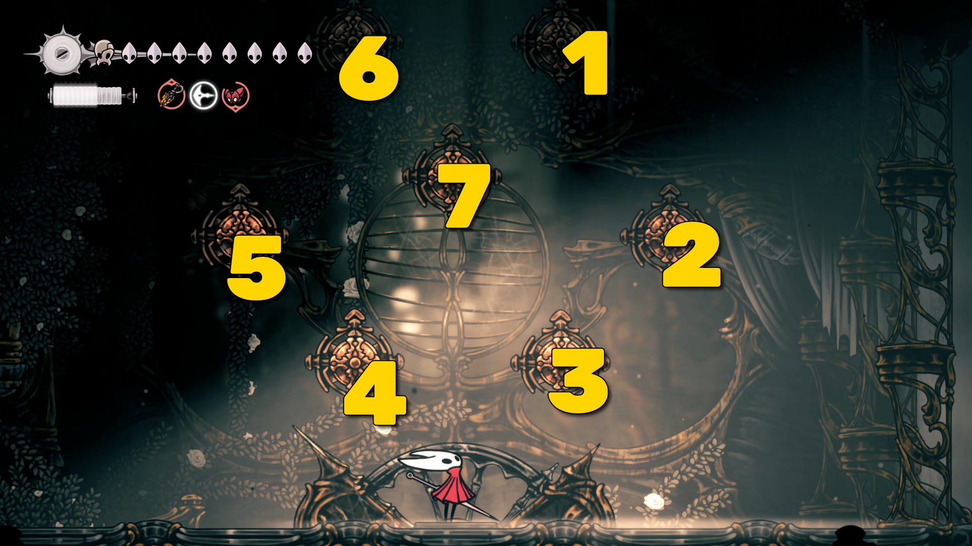 A screenshot of Hollow Knight: Silksong showing the path through the Memorium. - 12