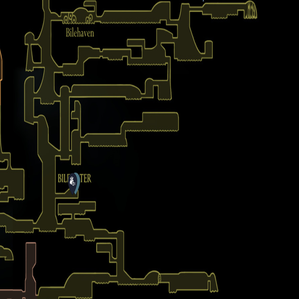 Una schermata della mappa che mostra la posizione del pezzo della mappa di Bilewater in Hollow Knight Silksong.