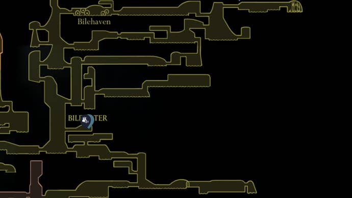 A map screen showing the location of the Bilewater map piece in Hollow Knight Silksong.