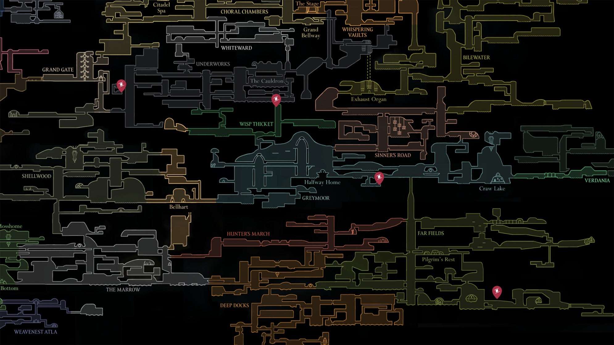 The map locations of all Bone Scrolls in Hollow Knight Silksong. - 5
