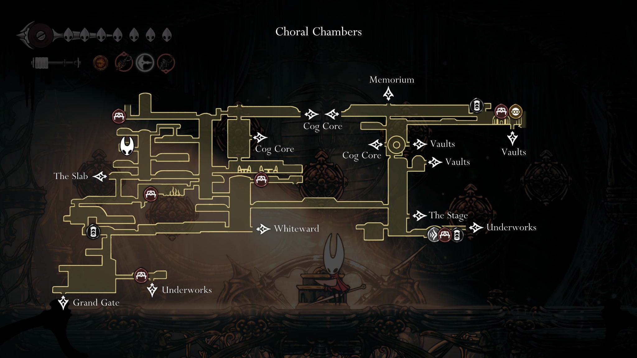 The map location of the Choral Chambers Cogheart Piece in Hollow Knight Silksong. - 4
