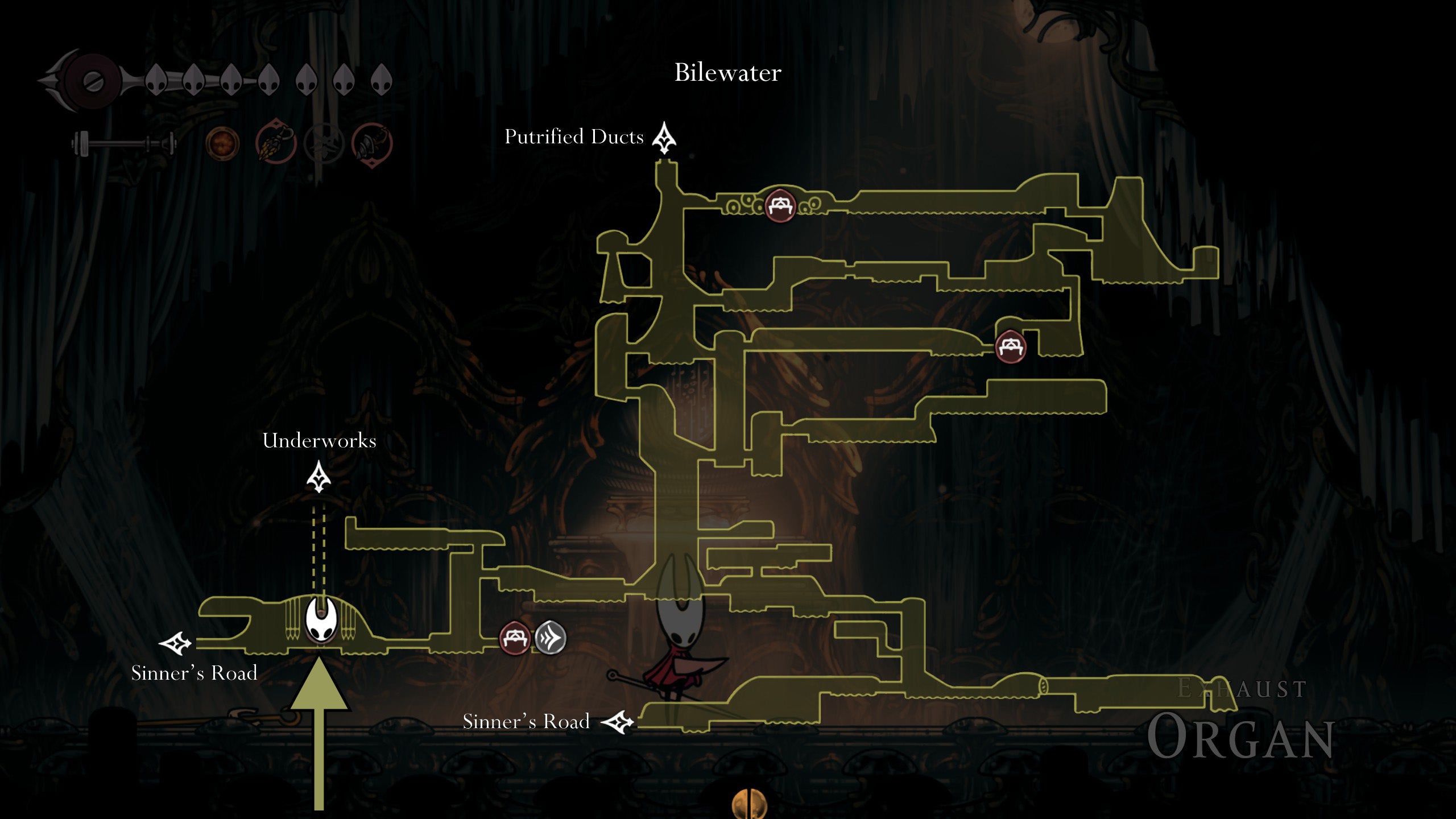 The map location of the Exhaust Organ on the Bilewater map in Hollow Knight Silksong. - 5