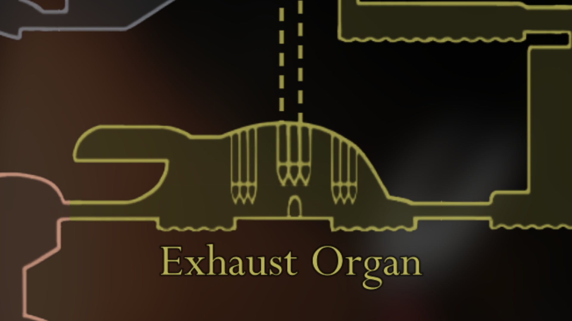 A close-up of the Hollow Knight: Silksong map of Pharloom, focused on the Exhaust Organ sub-region on the west side of Bilewater. - 1