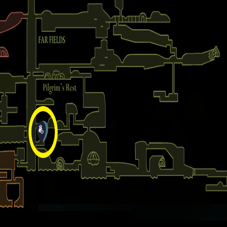 Una schermata della mappa che mostra la posizione dei campi di Far Fields in Hollow Knight Silksong.