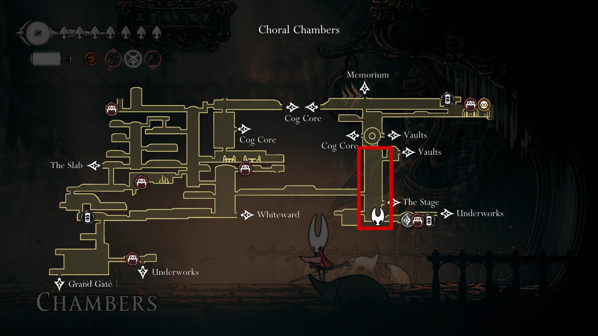 The map showing the first Choral Chambers rosary farm in Hollow Knight Silksong. - 6