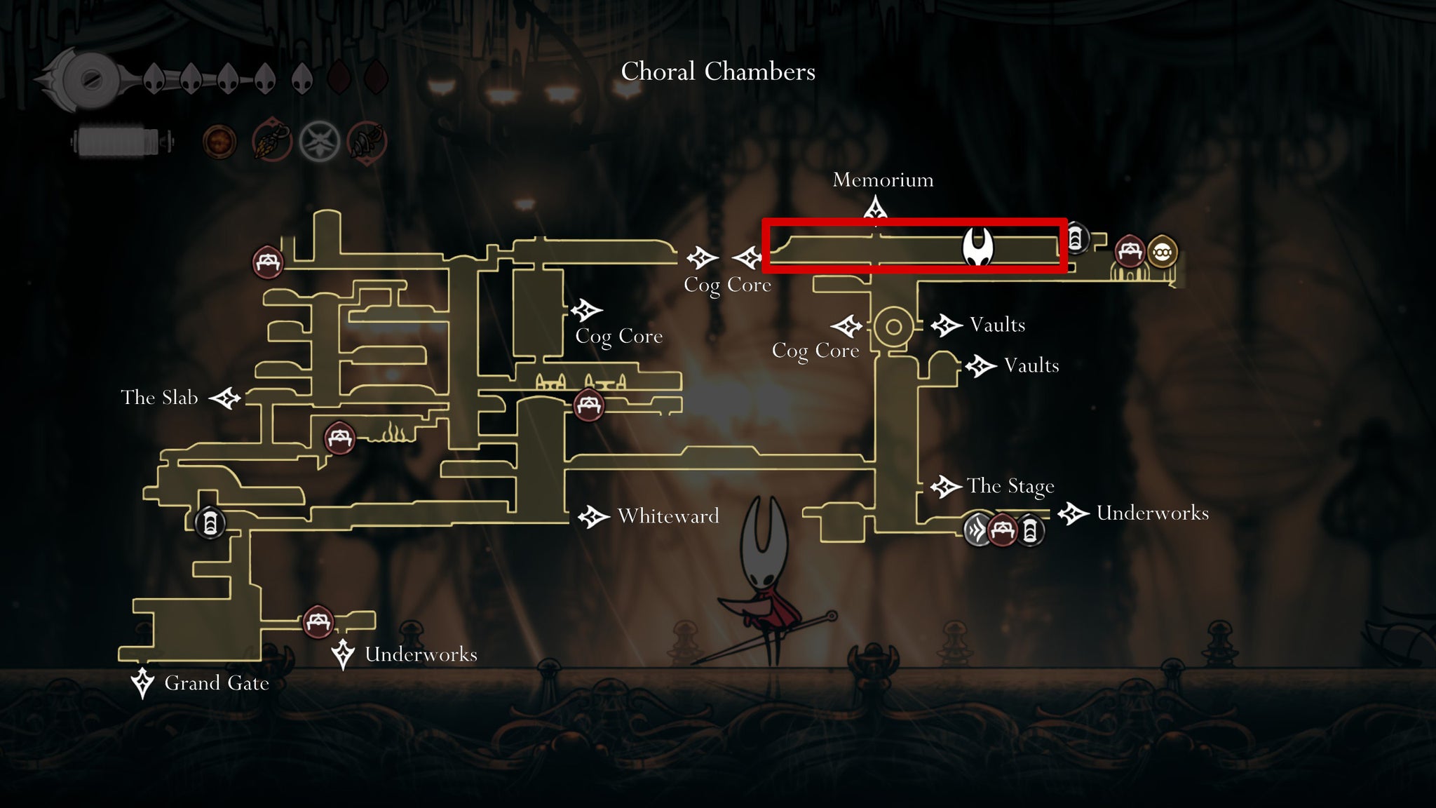 The map showing the location of the second Choral Chambers rosary farm in Hollow Knight Silksong. - 8
