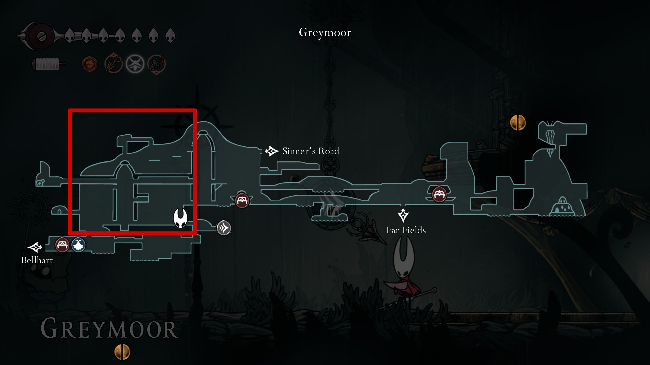The map showing the best place to farm rosaries in Greymoor in Hollow Knight Silksong. - 4