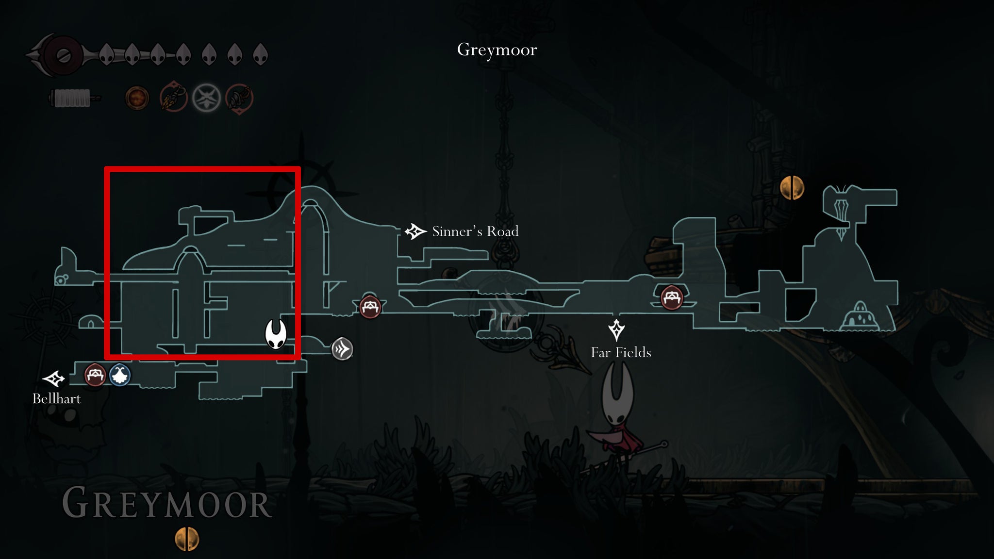 The map showing the best place to farm rosaries in Greymoor in Hollow Knight Silksong. - 4