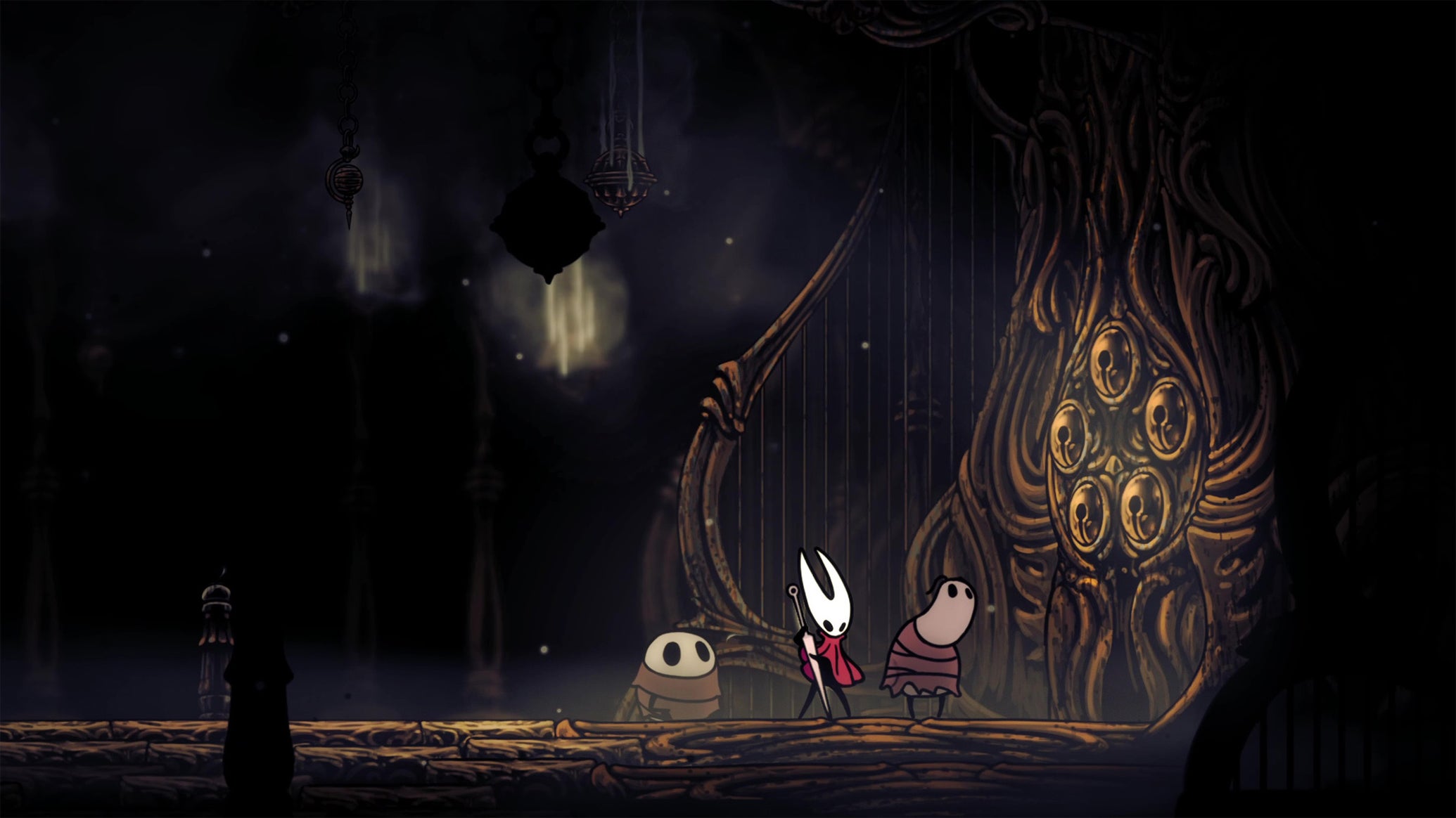 Hornet playing the Needolin in front of the Grand Gate in Hollow Knight Silksong. - 1