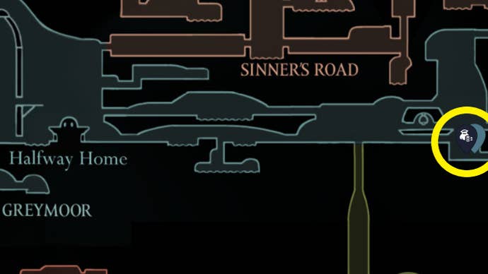 A map screen showing the location of the Greymoor map piece in Hollow Knight Silksong.