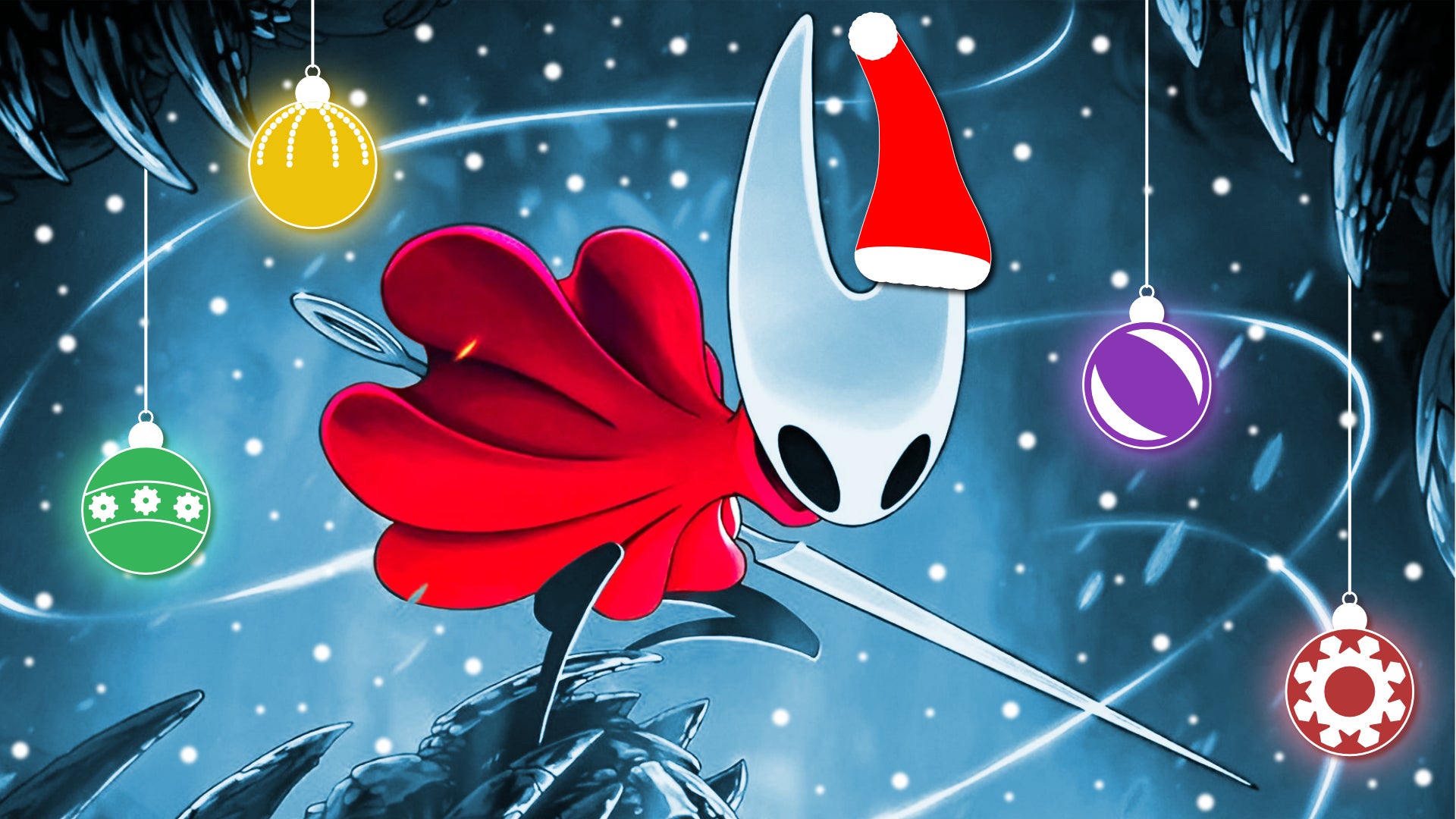 A cinematic close-up shot of Hornet, the protagonist of Hollow Knight: Silksong, preparing an attack with her Nail weapon towards the camera. The background is snowy, and there are Christmas baubles hanging from the ceiling in the foreground. Hornet herself is wearing a Santa hat.