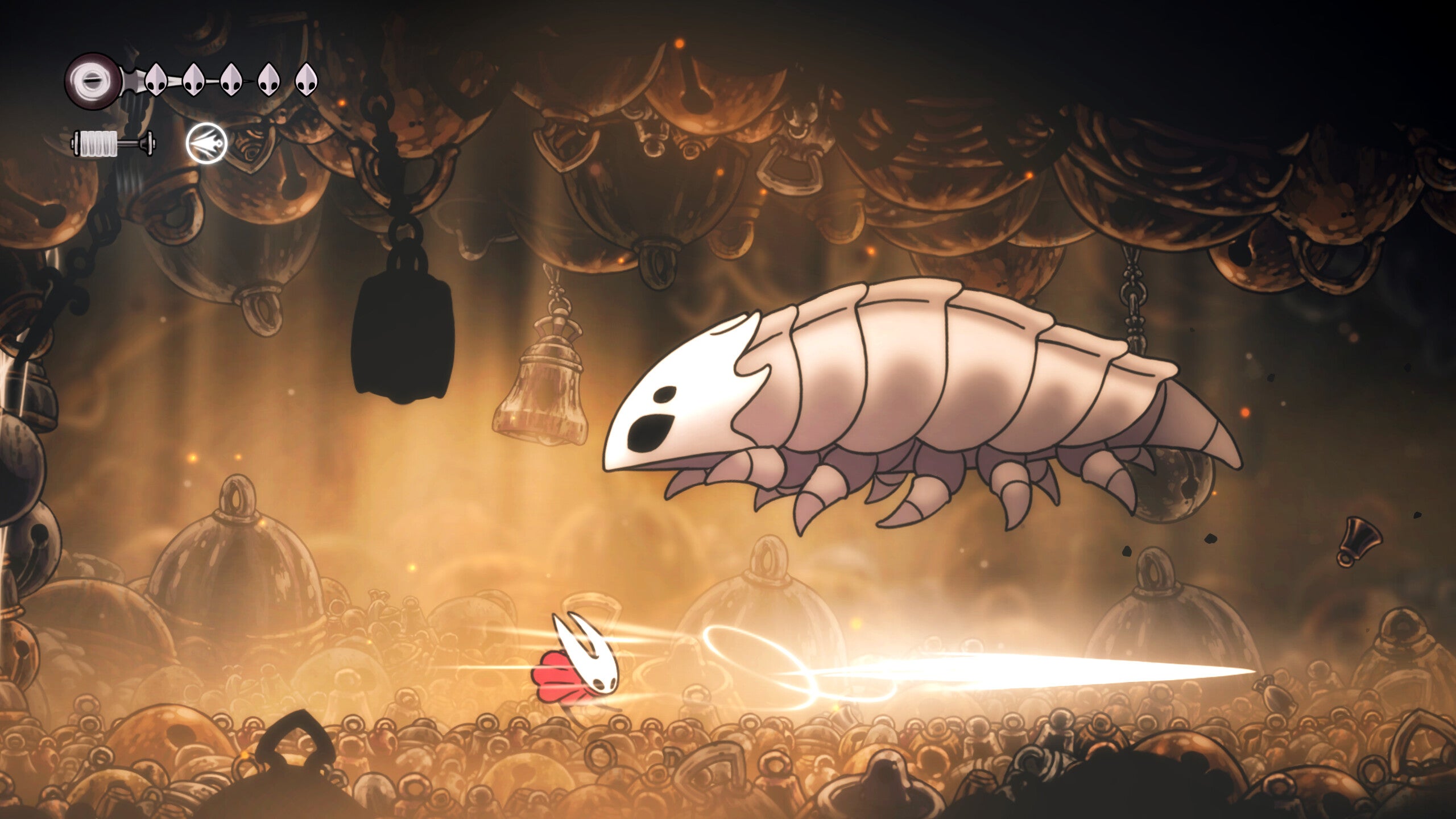 Hornet fighting a giant boss in Hollow Knight Silksong. - 1