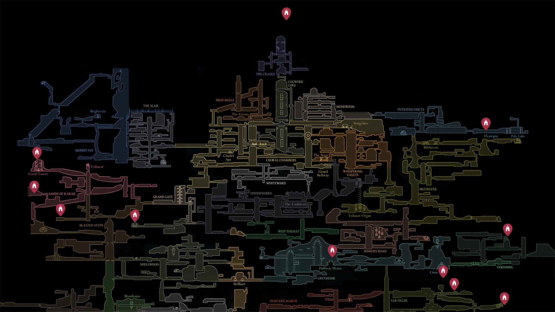 The map locations of all Memento items in Hollow Knight Silksong. - 10