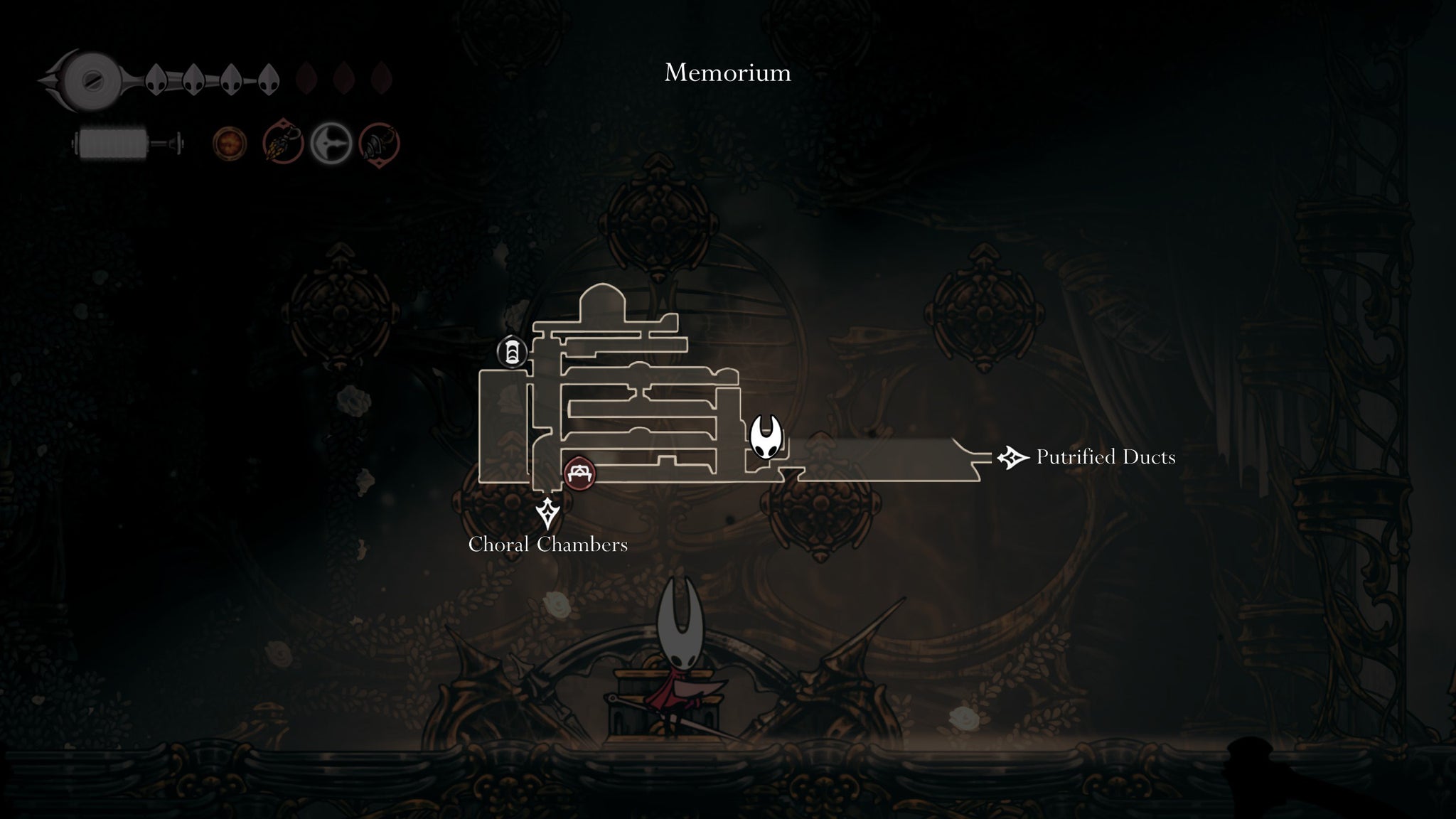 The map location of the Memorium Cogheart Piece in Hollow Knight Silksong. - 8