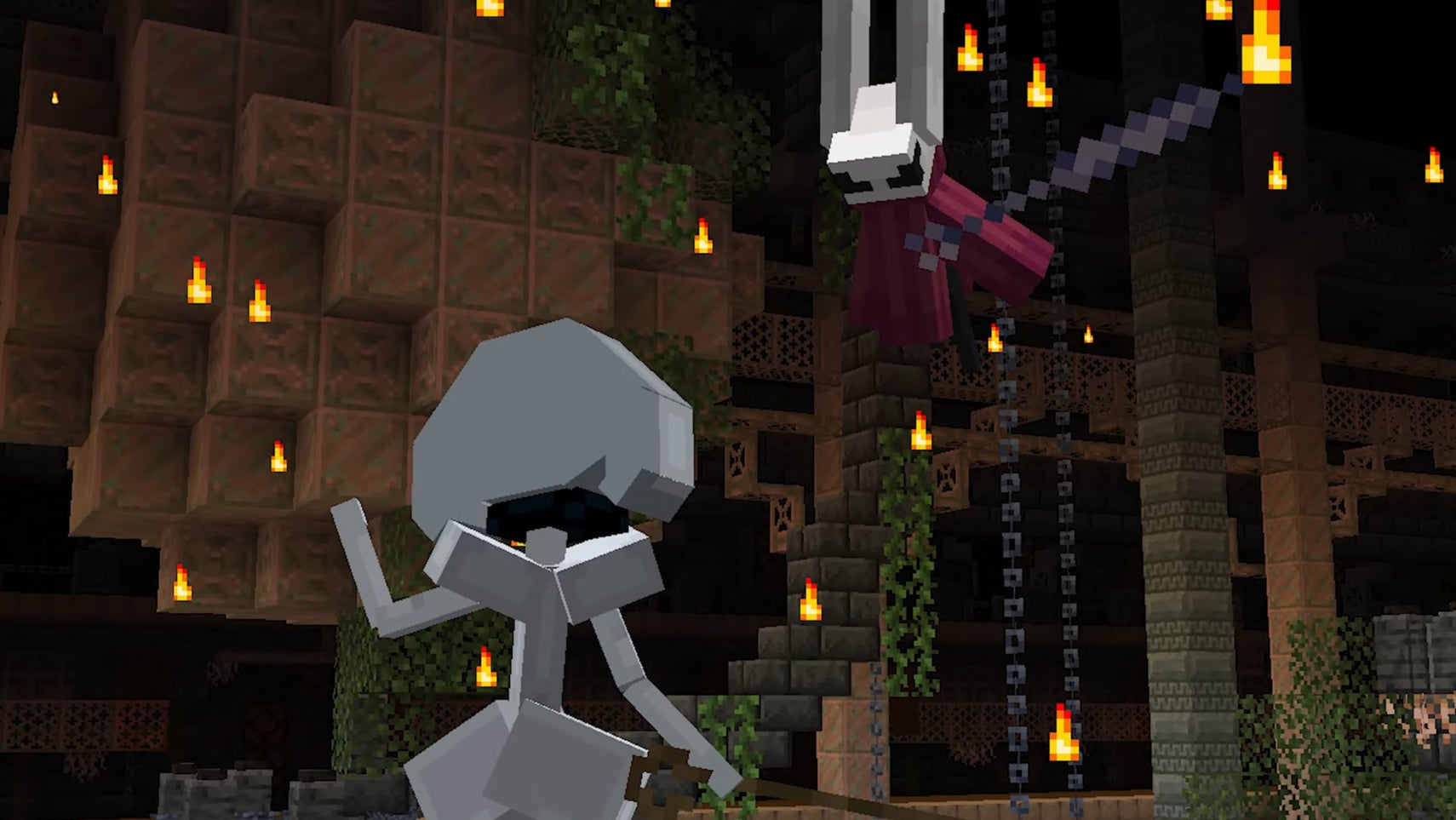 A still from Minecraft showing a recreation of Hollow Knight: Silksong, with Hornet preparing to fight an enemy boss. - 1