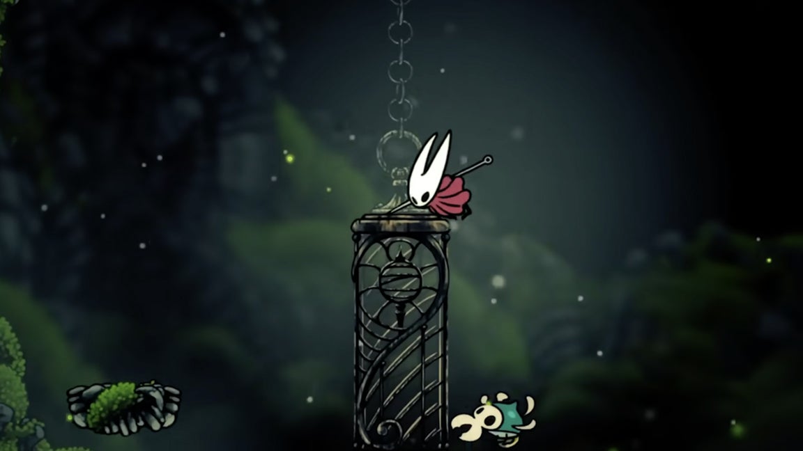 Hornet using Swift Step to jump onto hanging cages in Mosshome in Hollow Knight Silksong. - 5