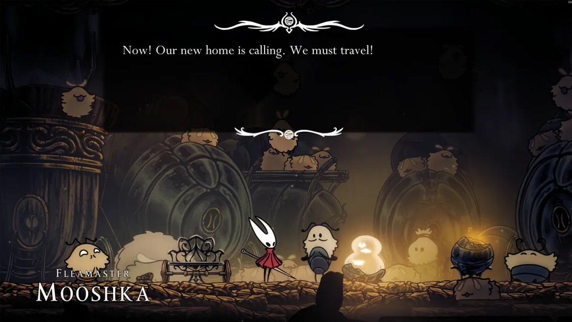 Hornet talking to Fleamaster Mooshka about moving the Flea Caravan in Hollow Knight Silksong. - 4