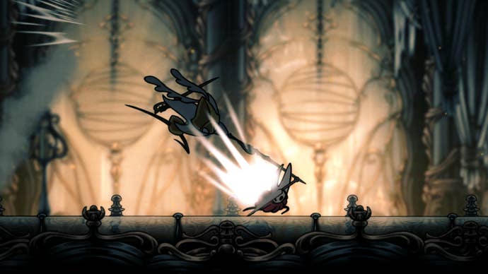 Hornet fighting a baddie in Hollow Knight: Silksong.