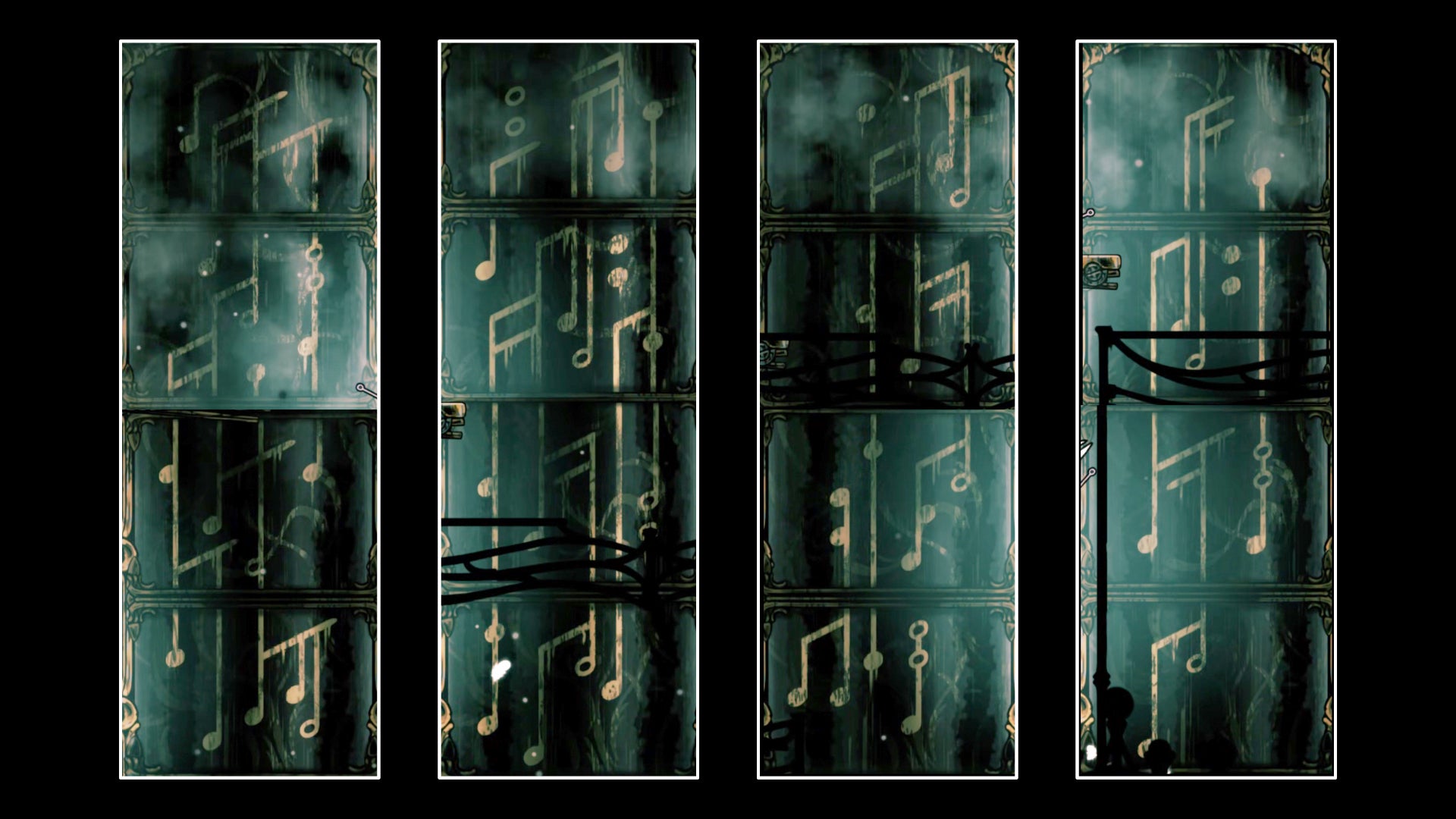 Stitched together screenshots from Hollow Knight: Silksong depicting the solution to the pillar puzzle at the top of the Cogwork Core. - 24