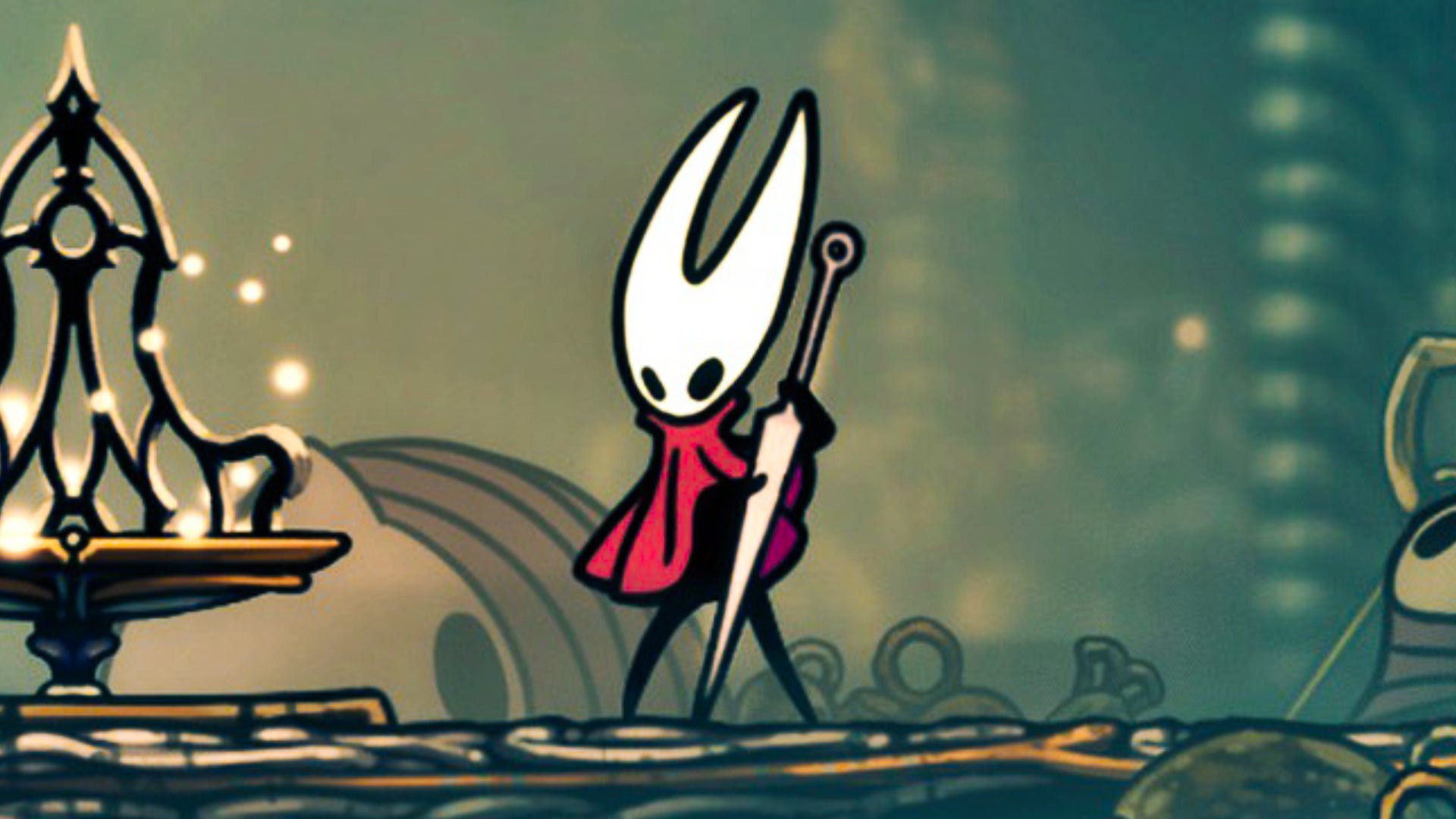 Hornet plays her Needolin next to a bench in Hollow Knight: Silksong. - 1