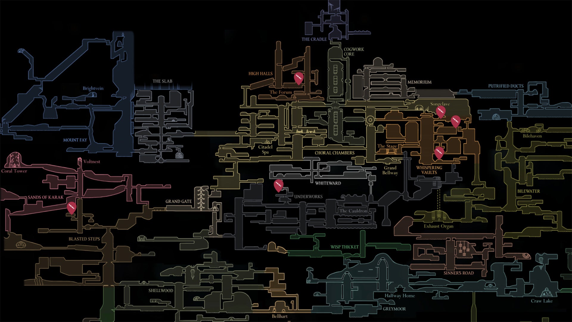 The map locations of all Psalm Cylinders and the Sacred Cylinder in Hollow Knight Silksong. - 9
