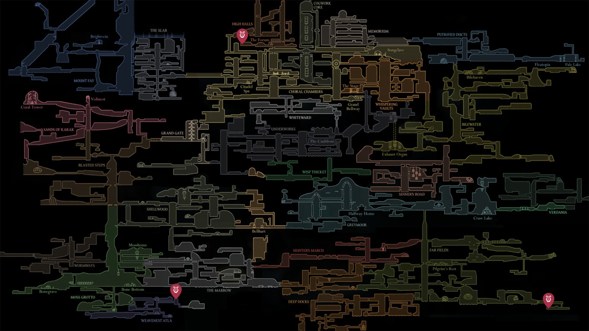 The map locations of all Rune Harps and the Arcane Egg in Hollow Knight Silksong. - 8