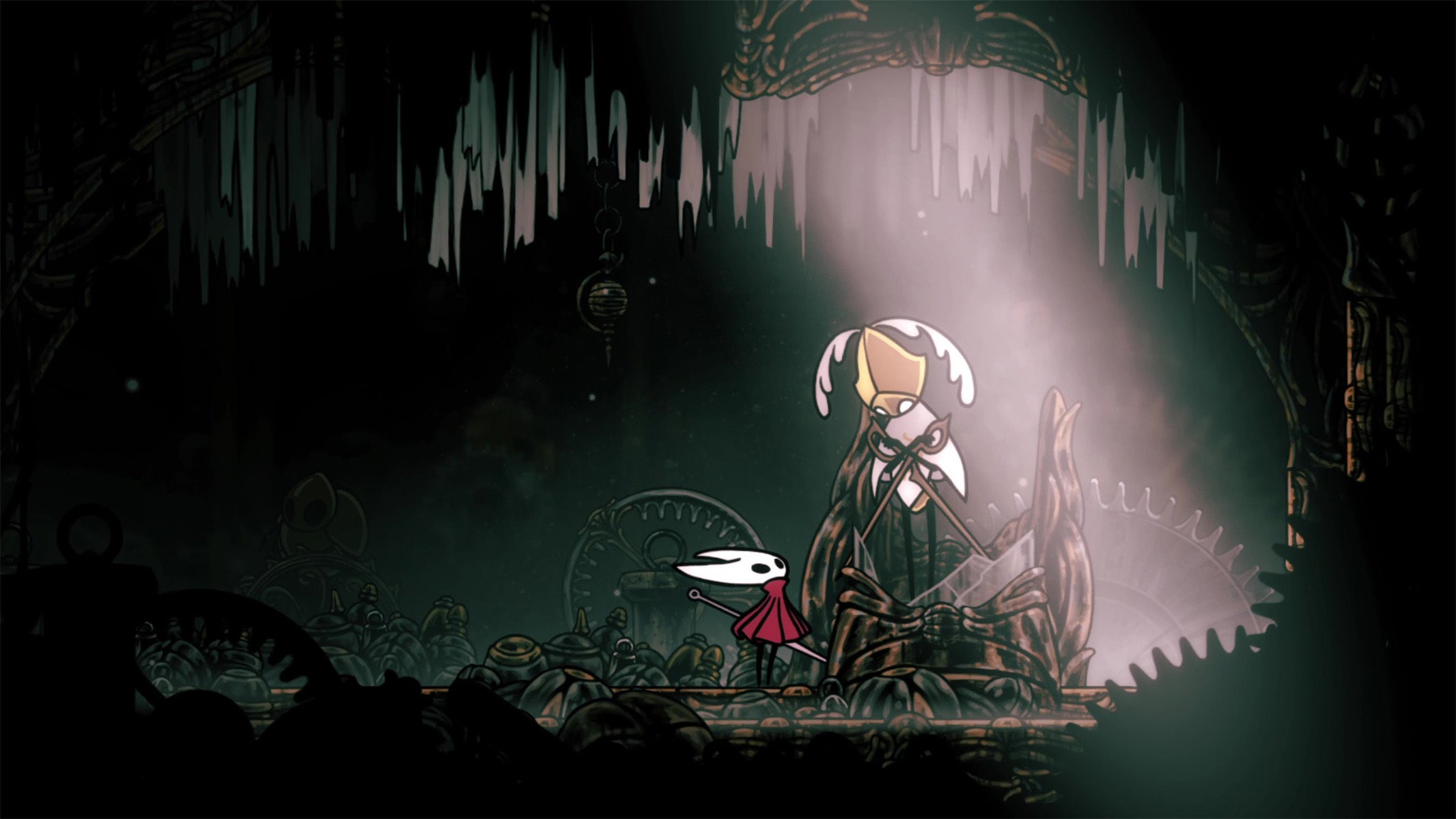 The Second Sentinel stands activated after Hornet implants the Cogheart into it in Hollow Knight Silksong. - 1