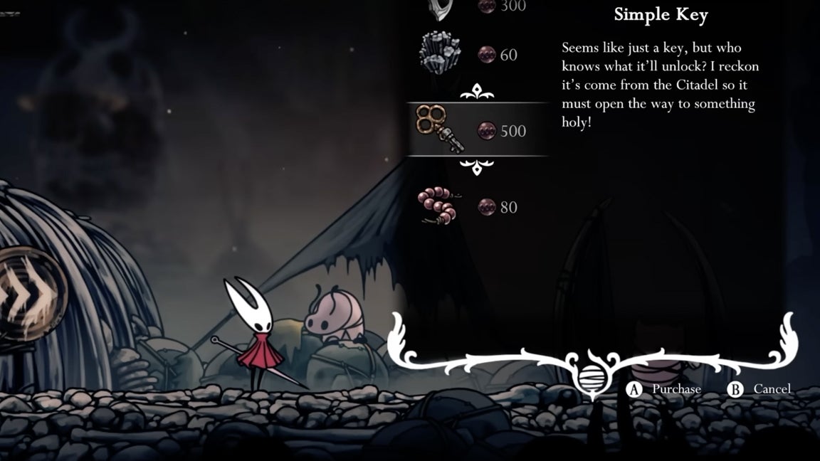 Hornet purchasing a Simple Key from the seller at Bone Bottom in Hollow Knight Silksong. - 4