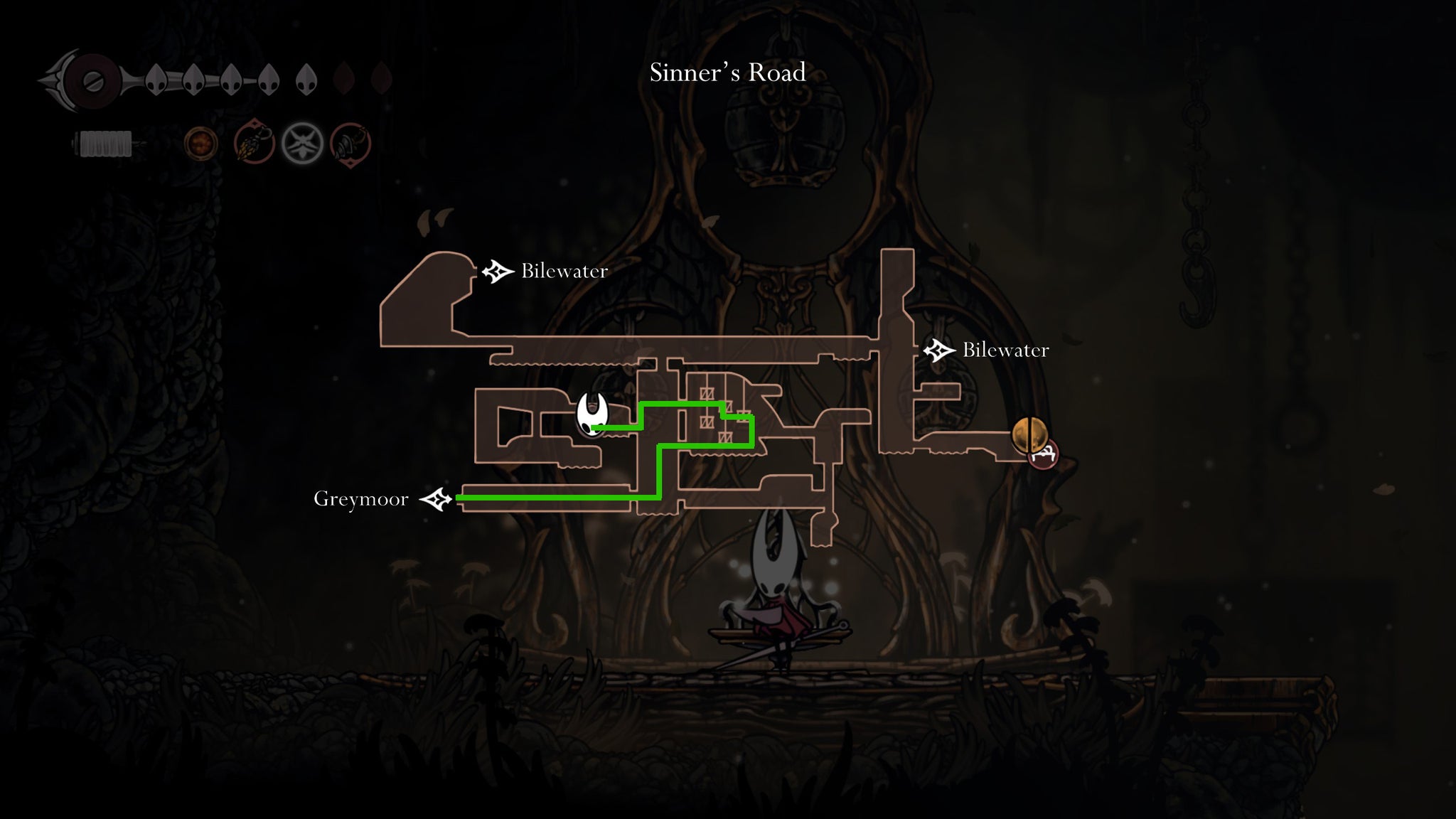 The map path showing the way to the Sinner's Road bench in Hollow Knight Silksong. - 4