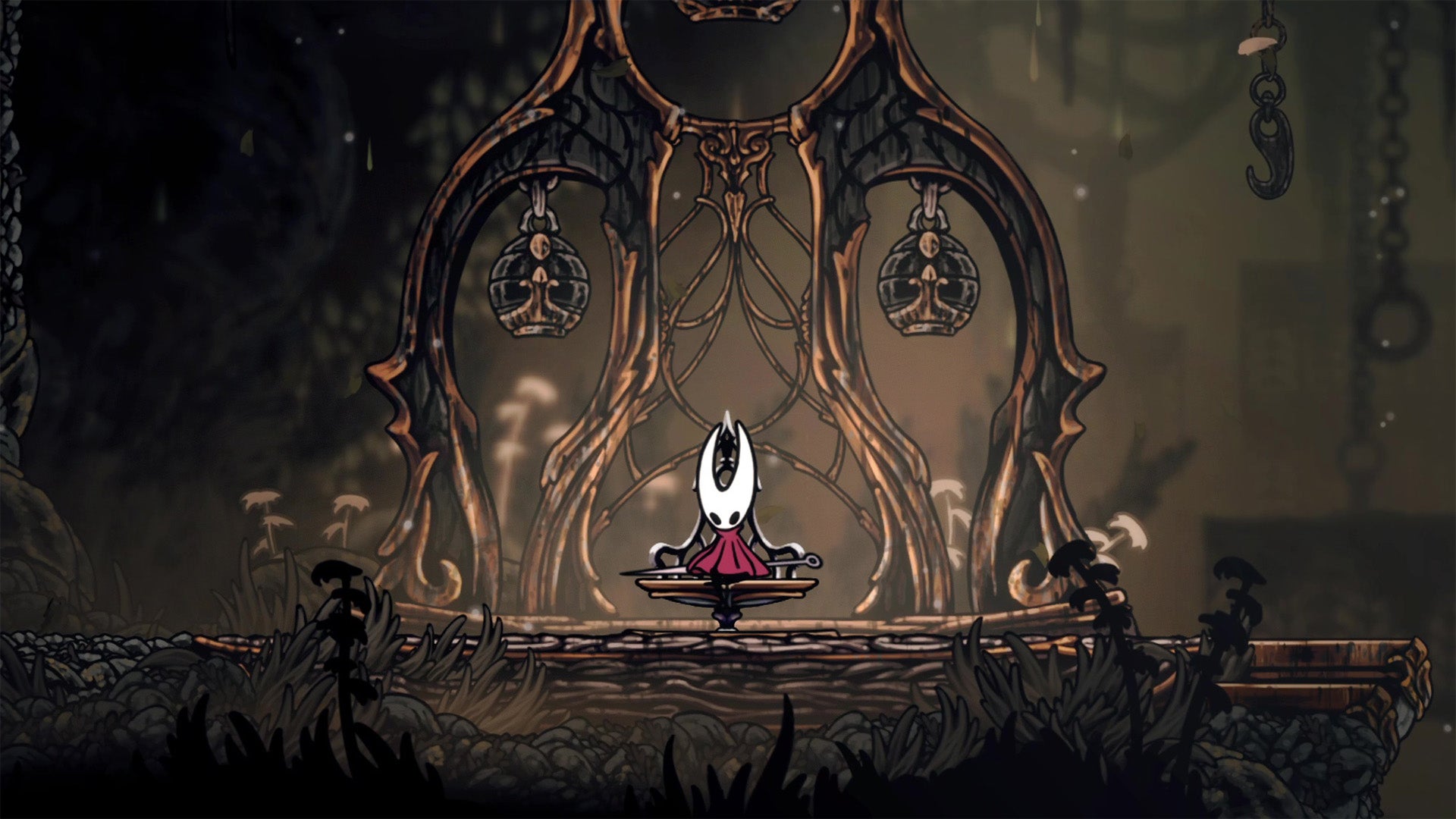 Hornet sitting at the Sinner's Road bench in Hollow Knight Silksong. - 1