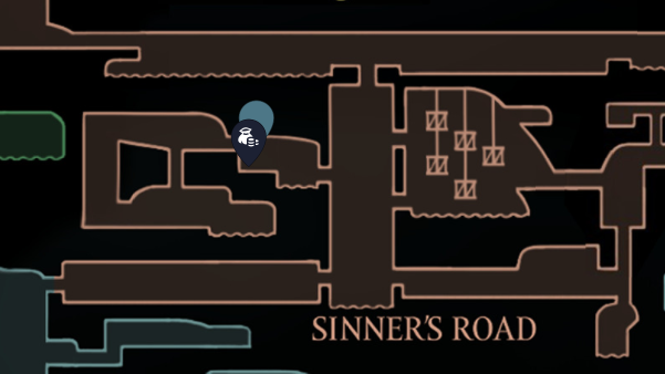 A map screen showing the location of the Sinner's Road map piece in Hollow Knight Silksong. - 9