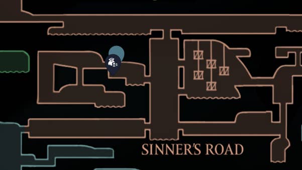 A map screen showing the location of the Sinner's Road map piece in Hollow Knight Silksong.