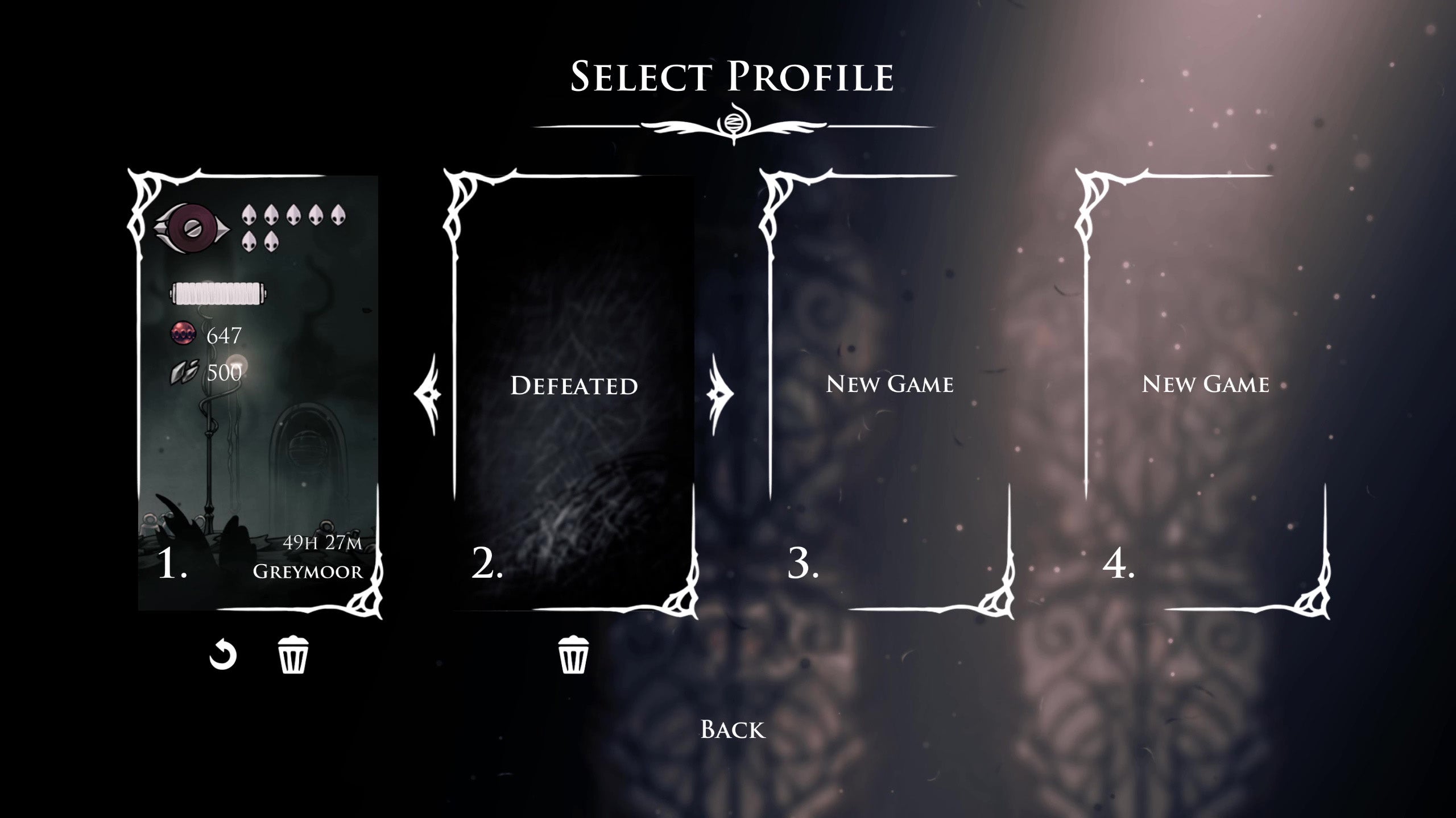 The Defeated save file after failing a Steel Soul run in Hollow Knight Silksong. - 5