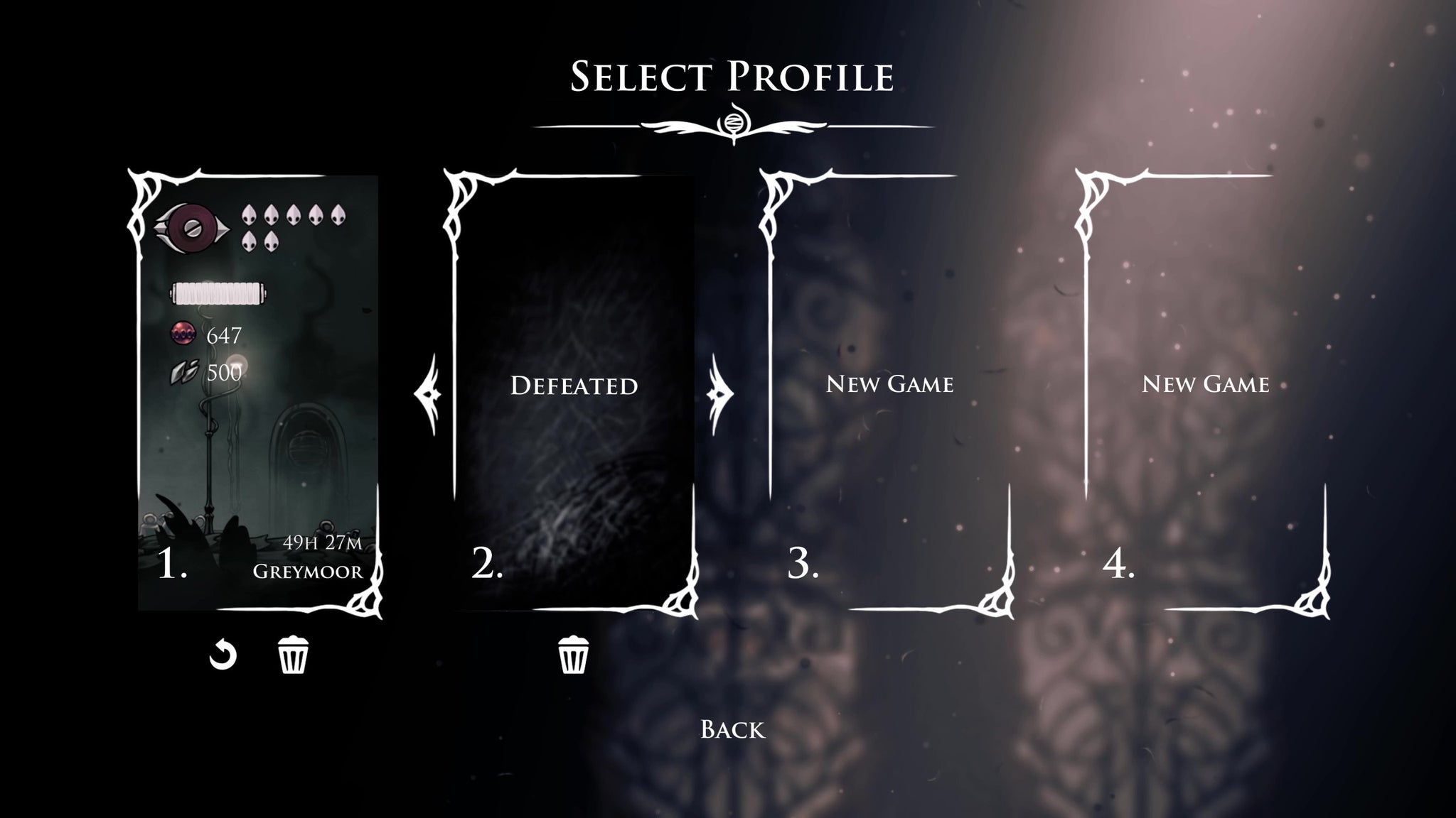 The Defeated save file after failing a Steel Soul run in Hollow Knight Silksong. - 5