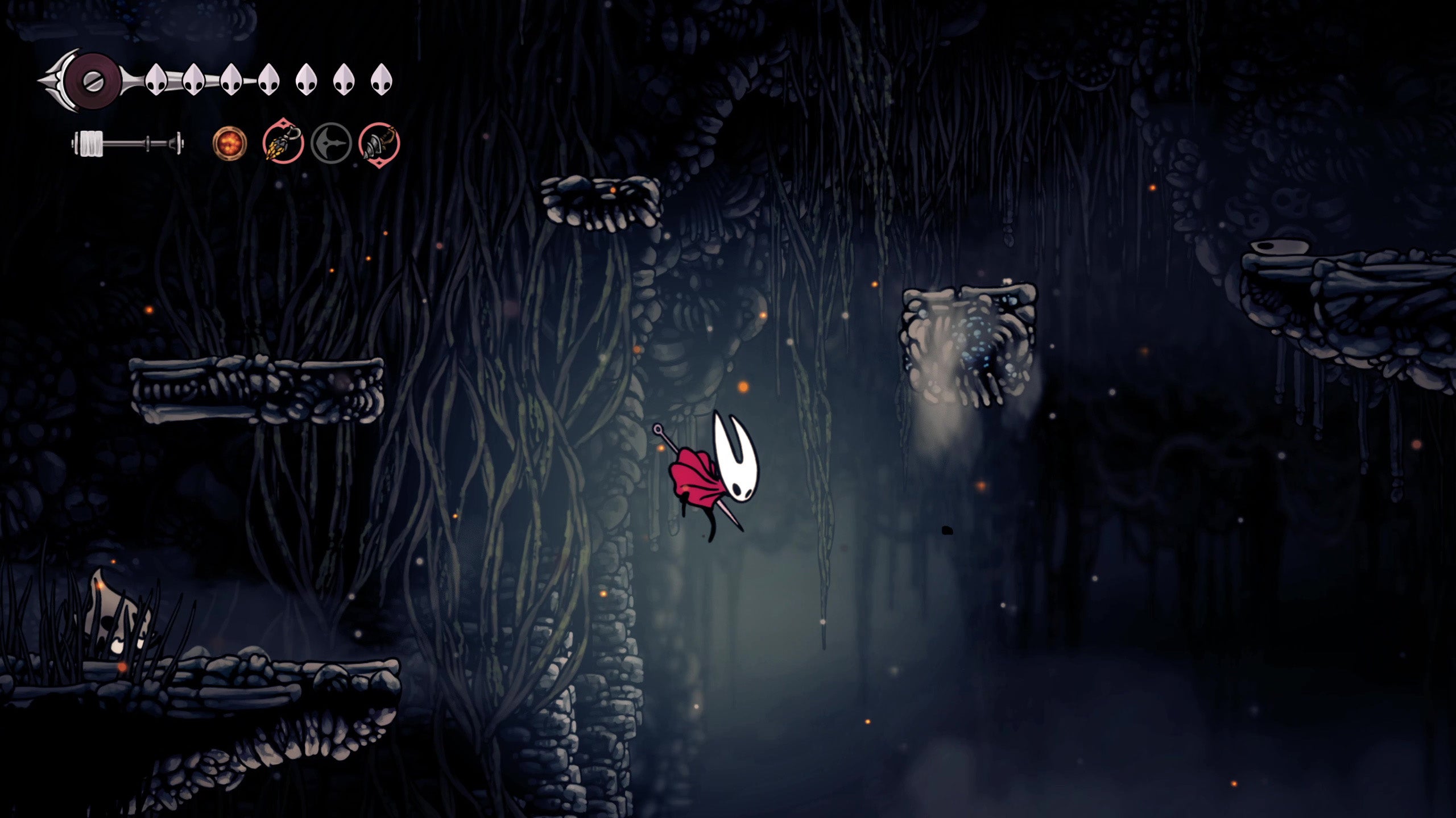 Hornet jumps over several platforms on her way to the third Flintbeetle in Hollow Knight Silksong. - 9