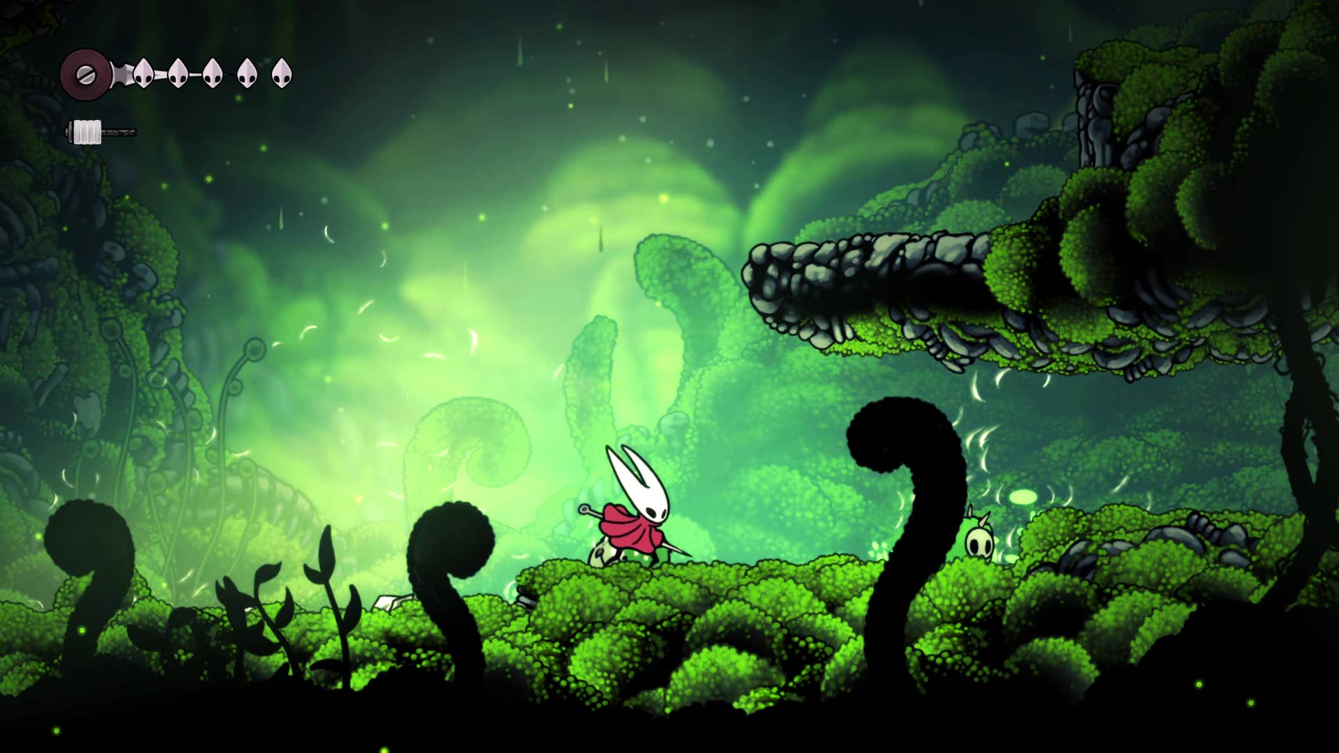 Screenshot of Hollow Knight: Silksong showing the path through the cave of Moss.